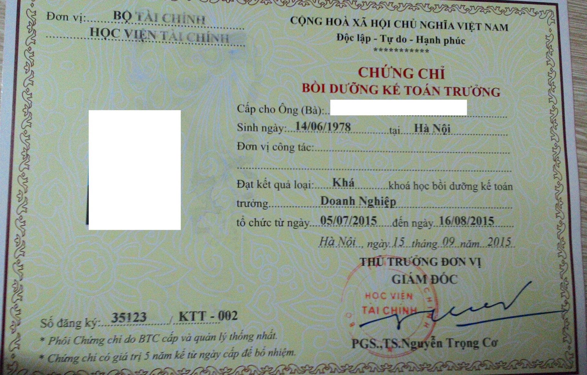 Chứng chỉ kế toán trưởng doanh nghiệp trường Học Viện Tài Chính