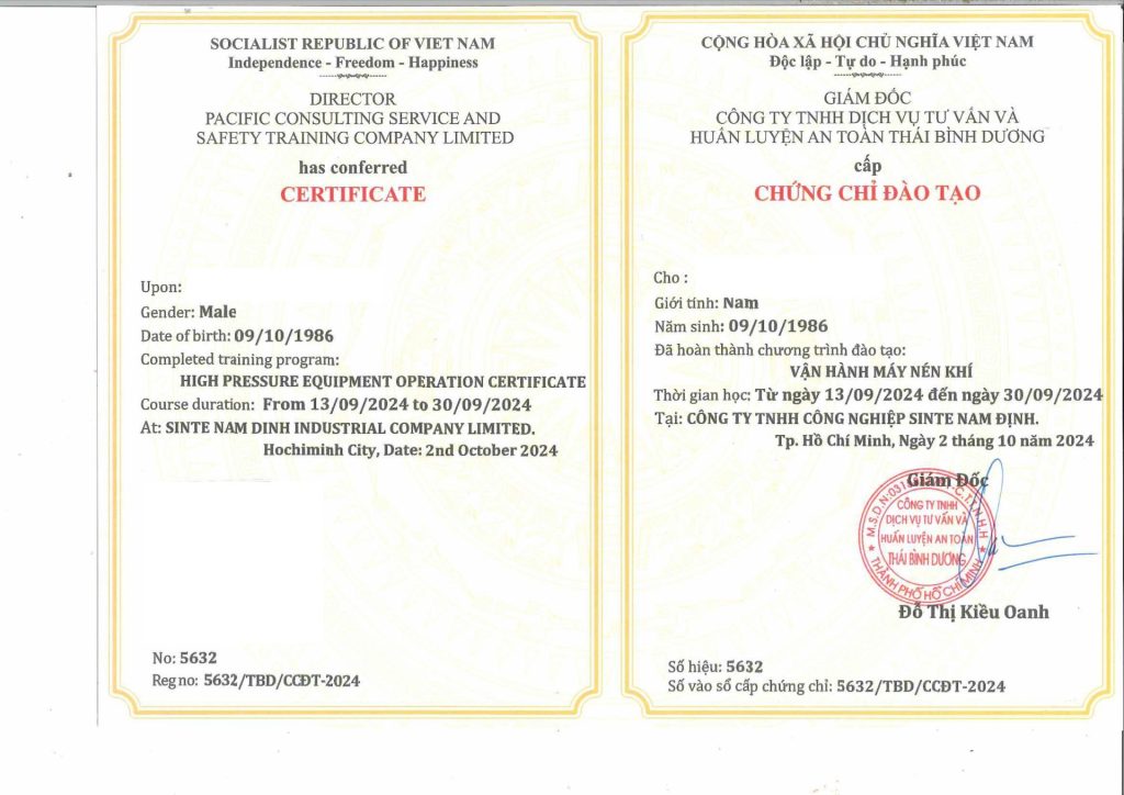 HỌC VẬN HÀNH MÁY NÉN KHÍ, CẤP CHỨNG CHỈ VẬN HÀNH MÁY NÉN KHÍ 9 Chứng chỉ vận hành máy nén khí