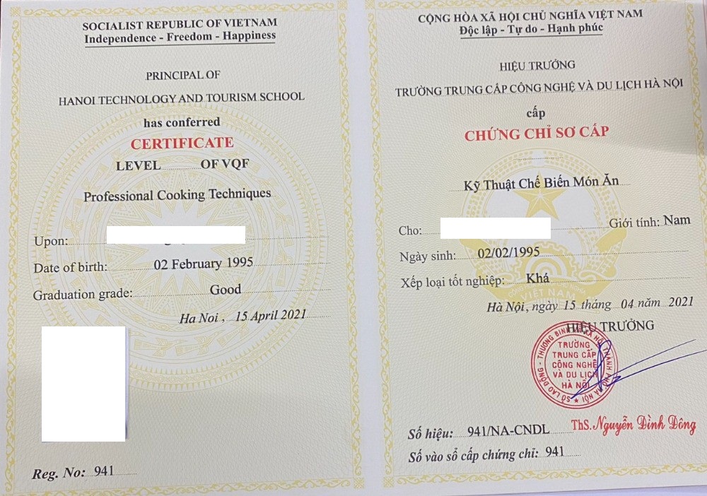 chứng chỉ nấu ăn