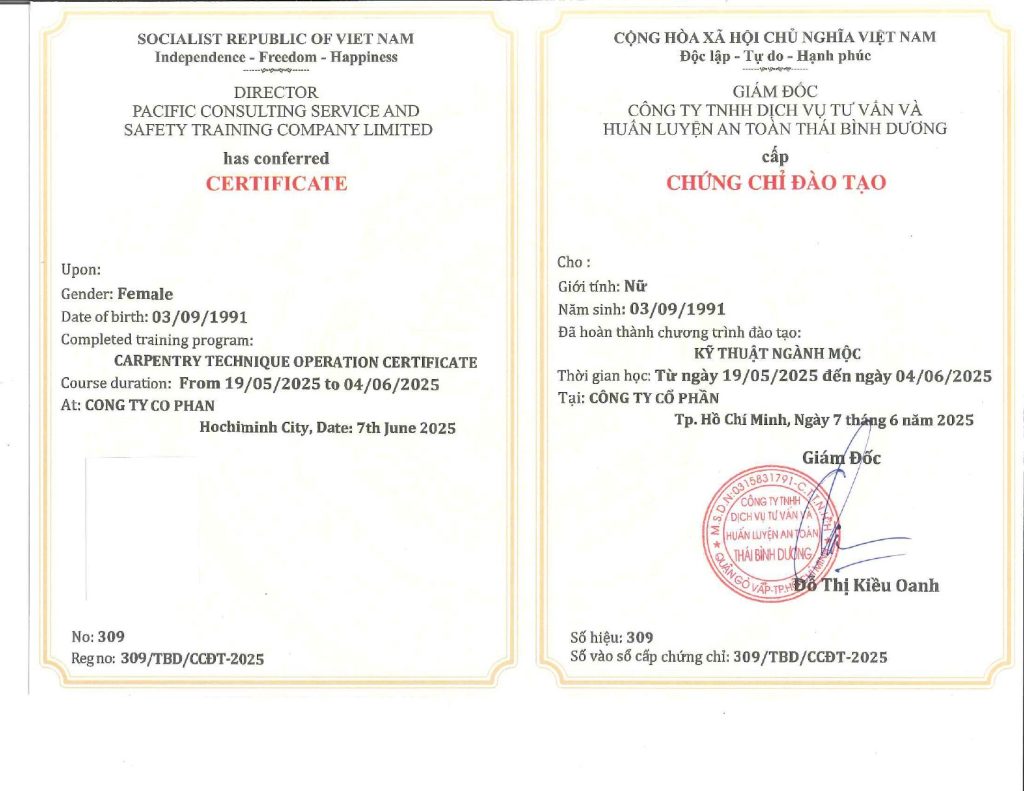 Đào tạo cấp chứng chỉ thợ mộc tại doanh nghiệp uy tín 4 chứng chỉ thợ mộc